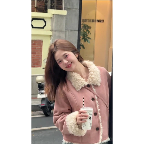 2024小个子秋冬气质毛毛短外套女百搭麂皮大衣牛仔裤两件套装