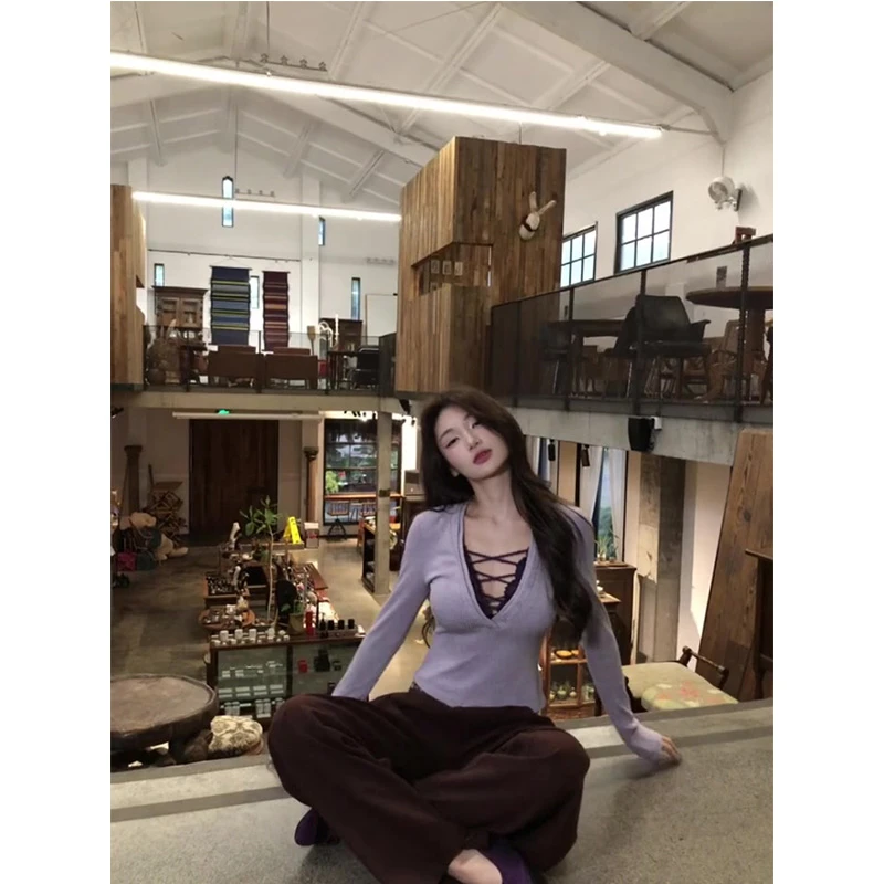 韩系辣妹修身紫色V领针织衫女秋冬显瘦内搭打底上衣长裤两件套装