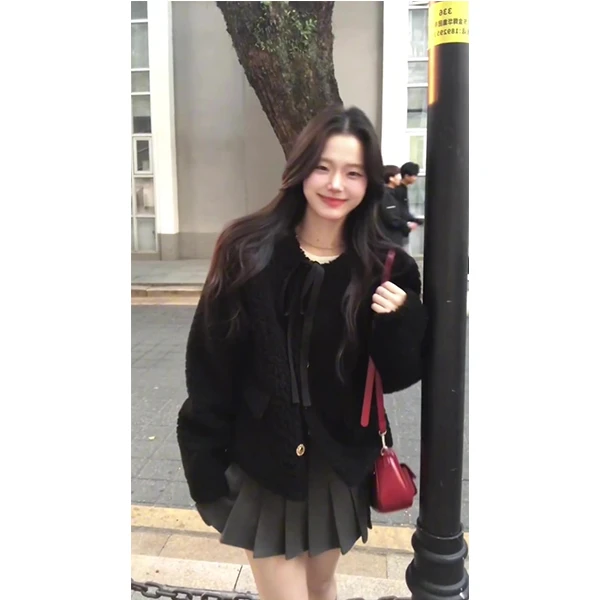 羊羔毛外套女秋冬季2024新款爆款小香风超好看棉服半身裙套装