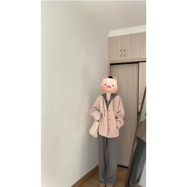 一整套装女新款连帽卫衣外套阔腿裤两件套+呢子大衣粉色毛呢外套