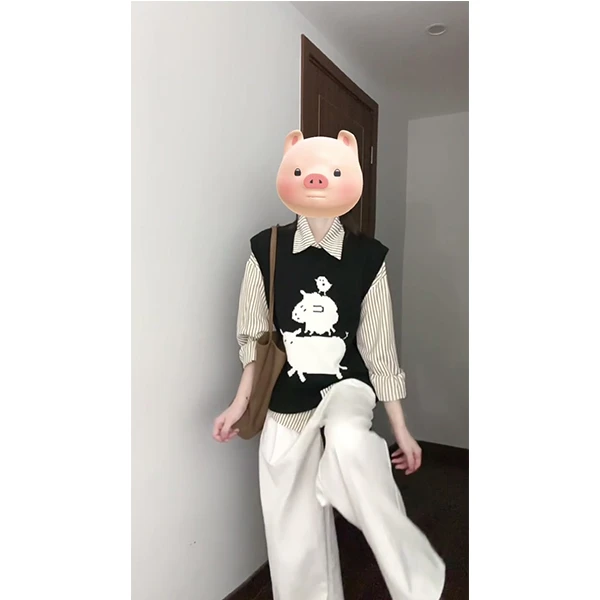 秋冬新款黑色针织马甲条纹长袖衬衫叠穿白色阔腿裤长裤三件套装