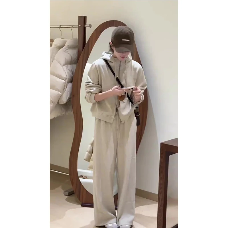 韩系休闲运动套装女秋冬新款高级感连帽卫衣外套直筒裤两件套装