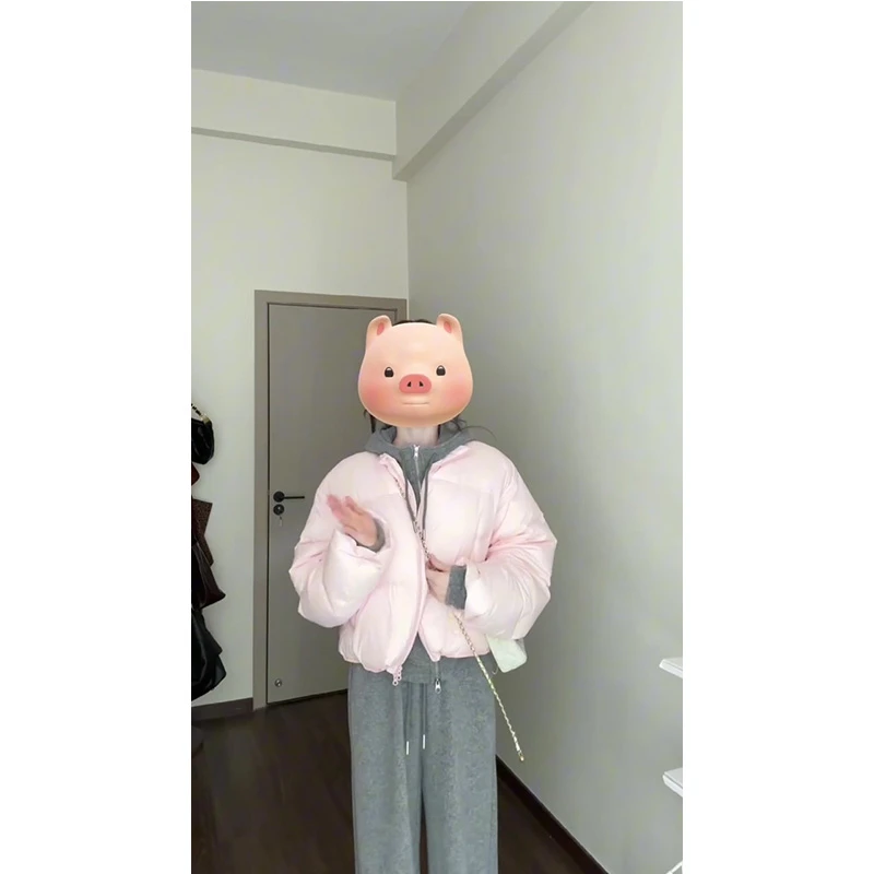 粉色羽绒棉服棉衣宽松短款小个子卫衣套装加厚棉袄面包服外套套装