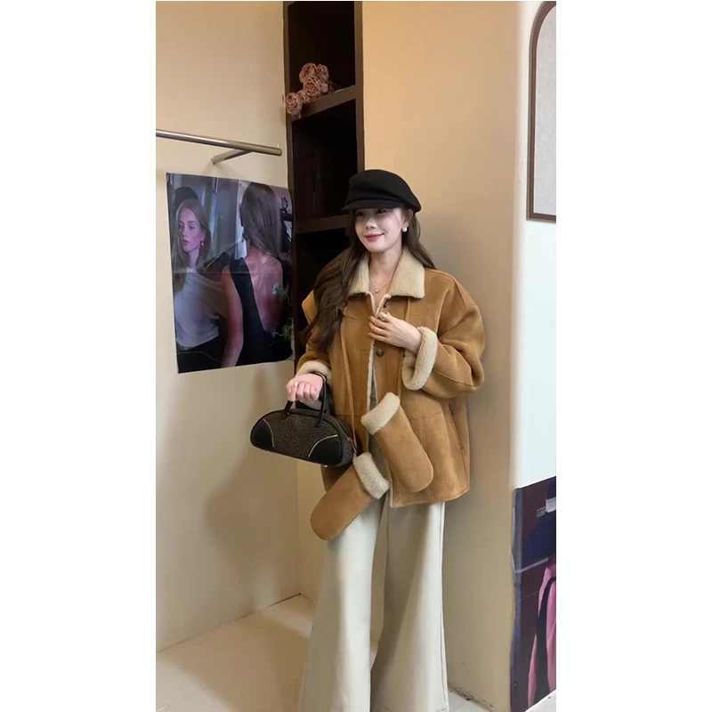 美拉德皮绒羊羔毛外套女冬季加厚保暖皮毛一体大衣休闲裤两件套装