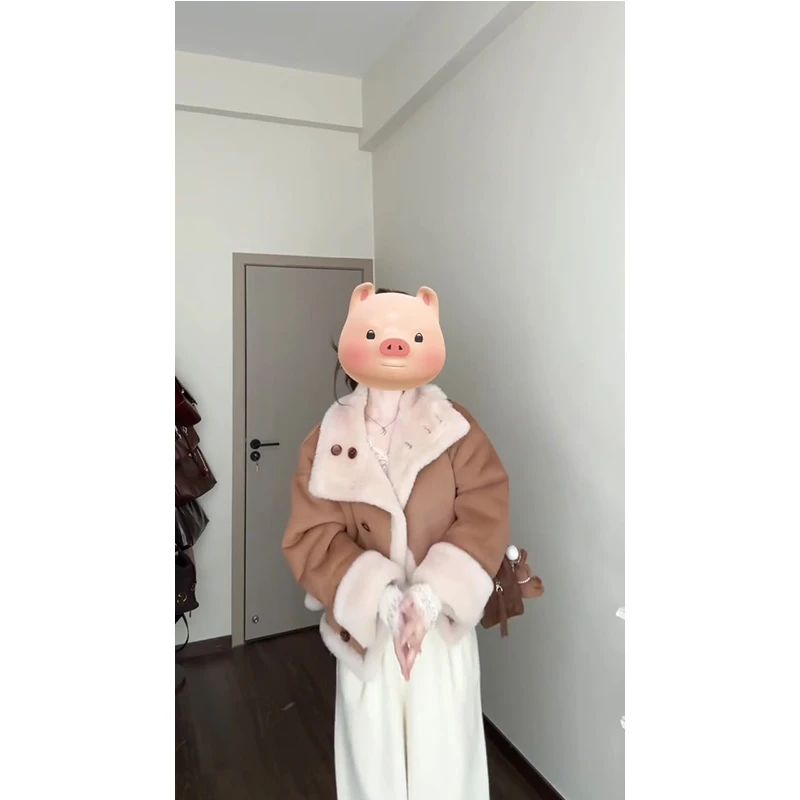 韩系皮毛一体上衣女冬季新款加厚两面穿羊羔毛外套阔腿裤两件套装