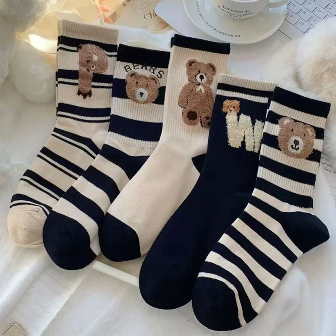 女士冬款羊绒袜厚款保暖系列条纹小熊袜子系列时尚百搭可爱款