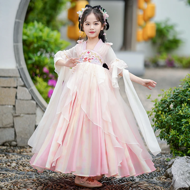 汉服女童2024新款夏季儿童连衣裙紫色唐装古风小女孩超仙古装夏款