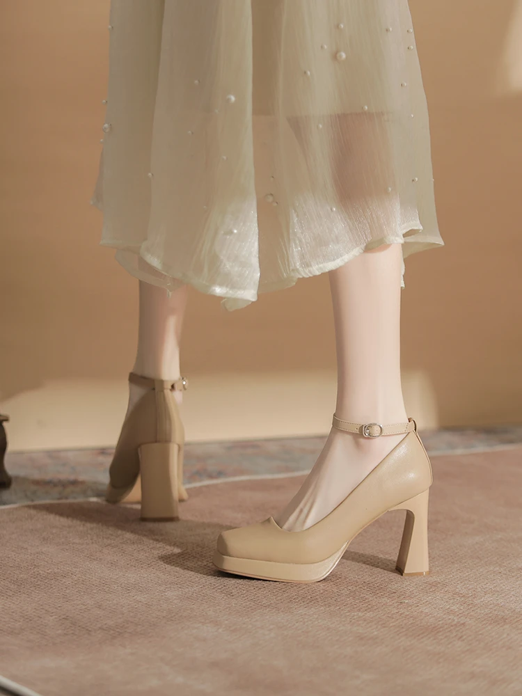 【朝汐子】一字带防水台高跟鞋女职业粗跟方头单鞋女厚底米色玛丽珍