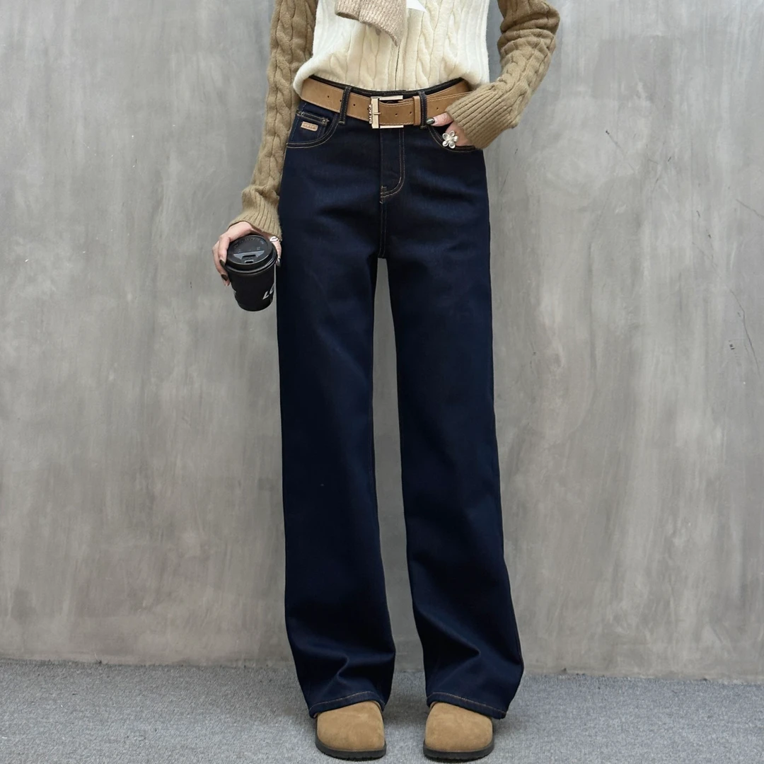 【裤博汇】QZ6022定制底织绒面料丹宁蓝字母刺绣高腰筷子窄版直筒裤