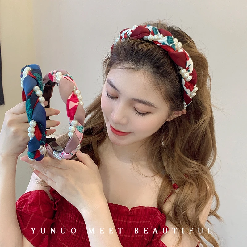 非金属布艺发饰 韩版珍珠麻花发箍女夏季宽边发卡头箍高级感头饰