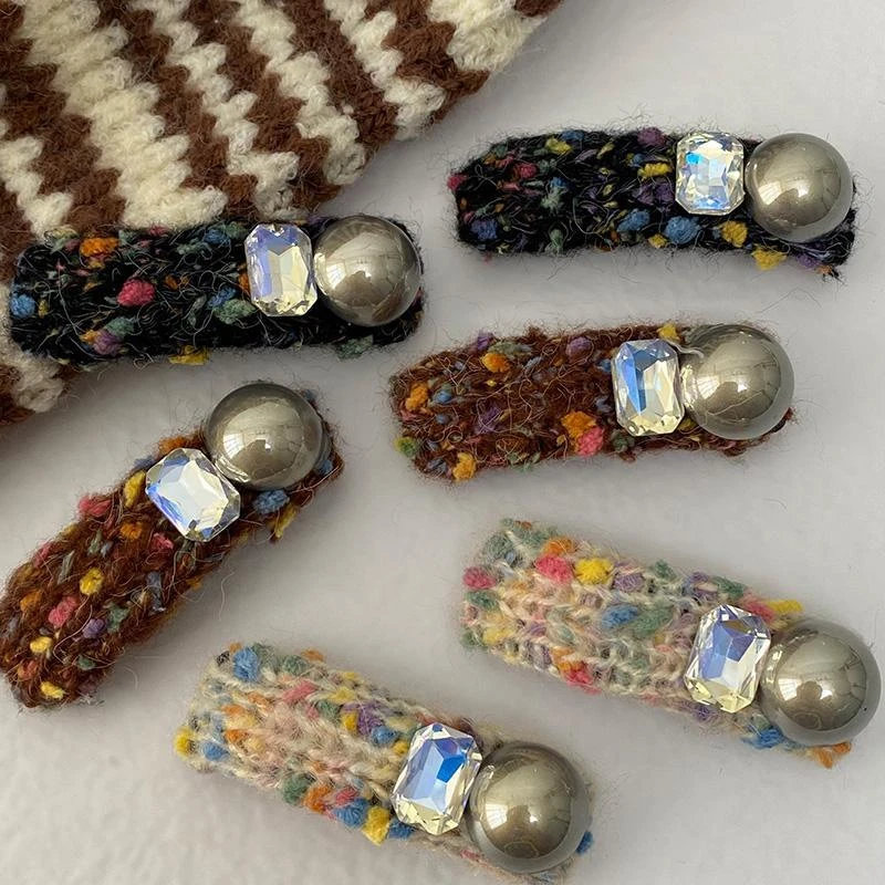 尚倪少女风彩色毛线bb夹灰色水晶刘海夹时尚前额碎发夹侧边夹发卡