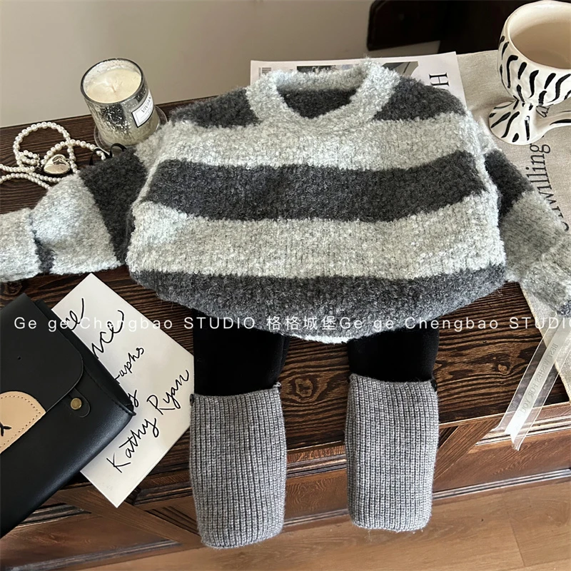 女童毛衣套装2024新款韩版童装女宝宝加绒裤子两件套