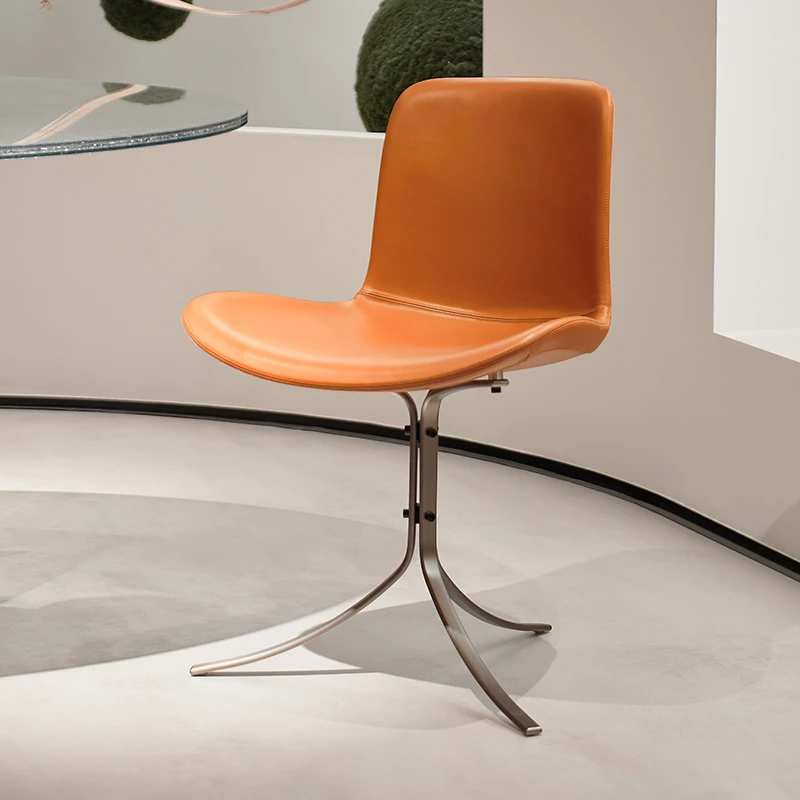 高端意式极简不锈钢椅腿三脚超纤皮餐椅设计师高端岛台方桌圆桌椅