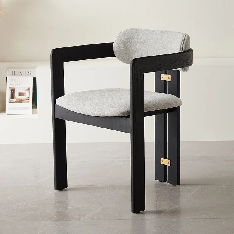 意式棉麻烟熏色烤漆餐椅扶手高端设计师茶台椅休闲椅实木软包椅子