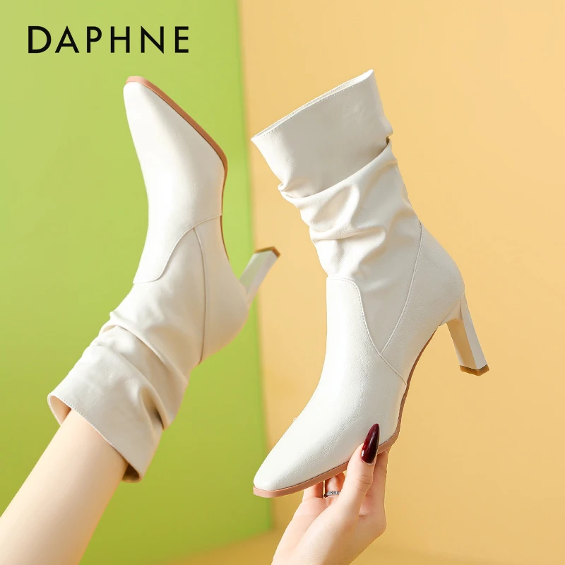 达芙妮2025流行堆堆靴小短靴米白色高跟短靴女秋冬季粗跟瘦瘦靴女
