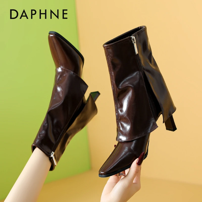 达芙妮复古高跟靴子2025新款秋季尖头裤管靴瘦瘦靴粗跟西部牛仔靴