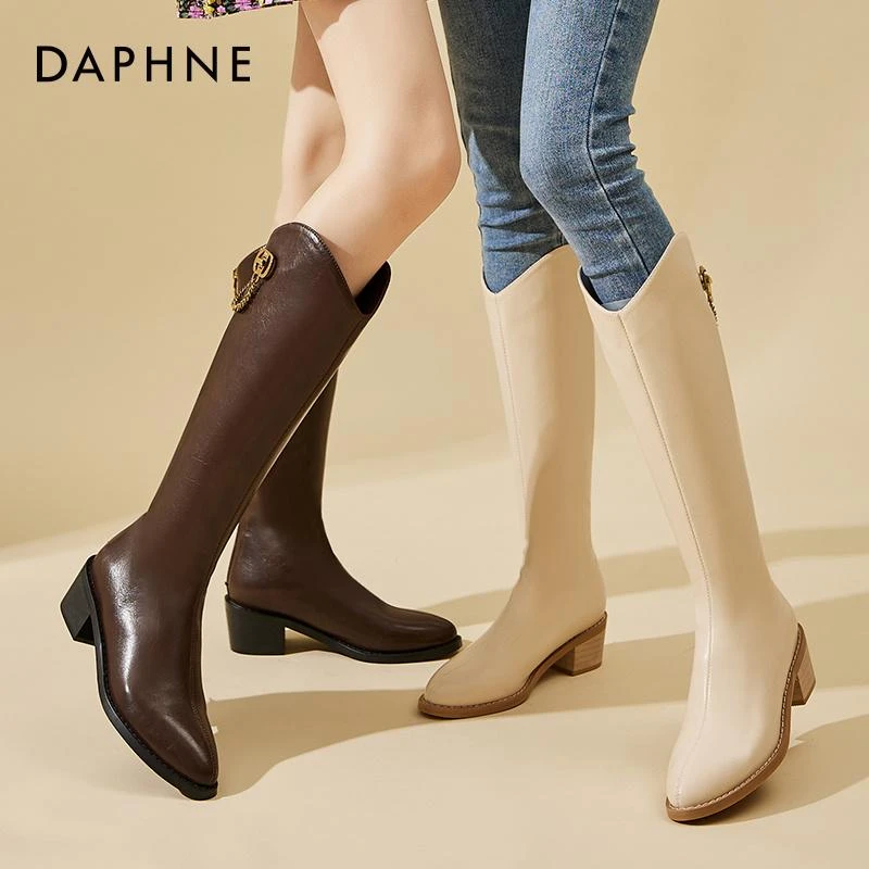 Daphne/达芙妮长筒靴女2023新款尖头粗跟5CM骑士靴子4022607006