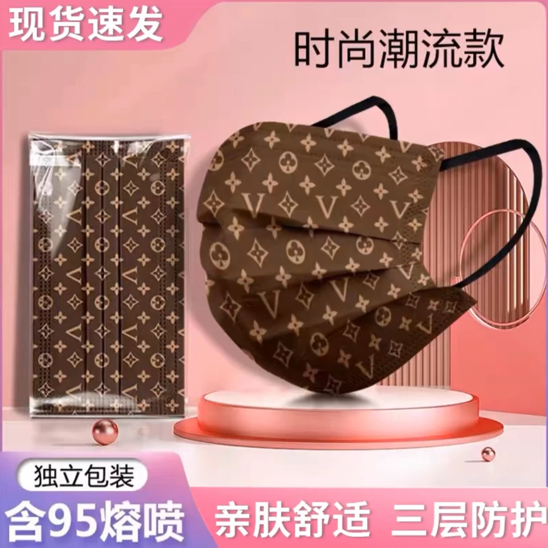 【时尚经典】咖色高颜值一次性口罩防护透气潮流个性格子三层网红
