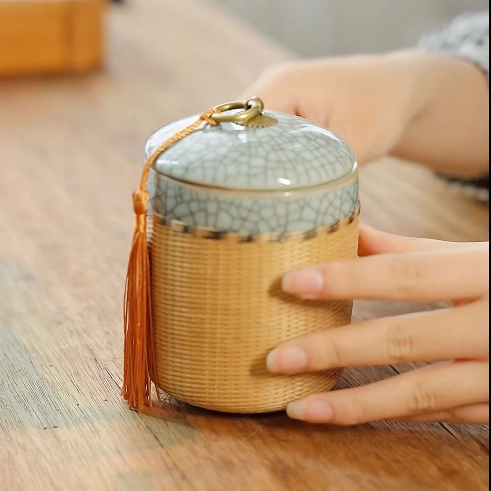 竹编扣瓷茶叶罐冰裂纹