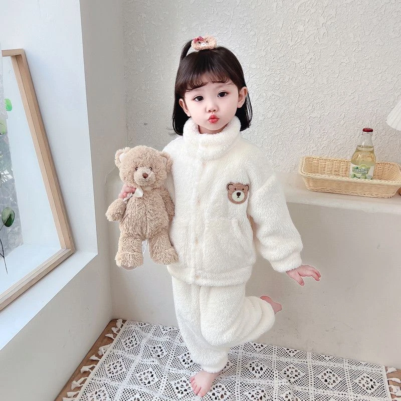 儿童冬季睡衣女童秋冬季法兰绒加厚款空调服女小童女宝宝家居服萌