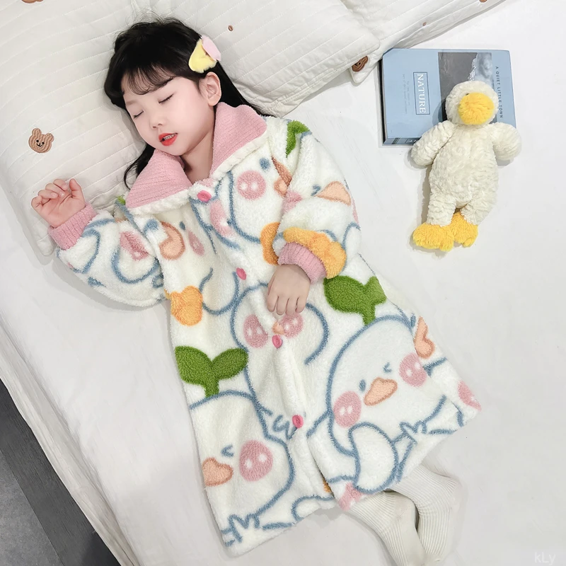 儿童睡袍秋冬季宝宝法兰绒睡衣开衫女孩女童珊瑚绒长款睡裙家居服