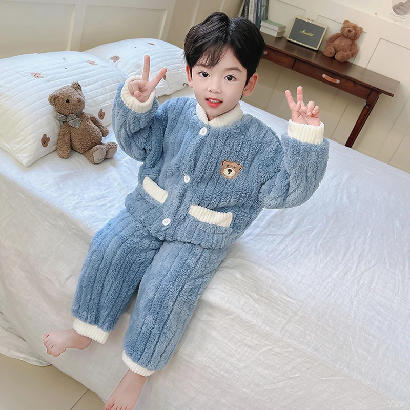 儿童睡衣加绒加厚秋冬季珊瑚男女童宝宝新款法兰绒开衫保暖服套装