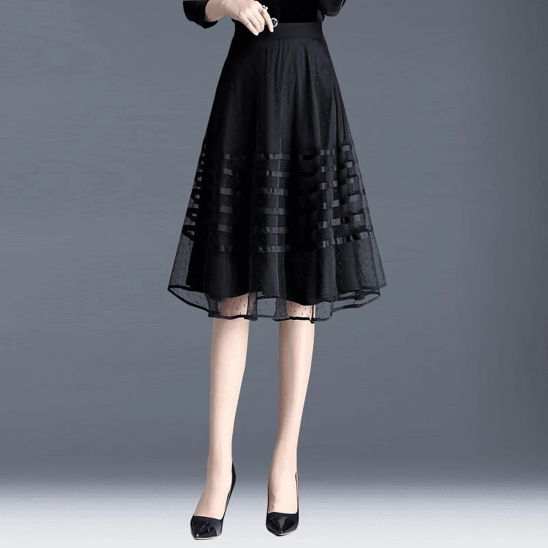 百褶半身裙a字网纱2025春夏新款大摆太阳中长款黑色蕾丝高腰裙子