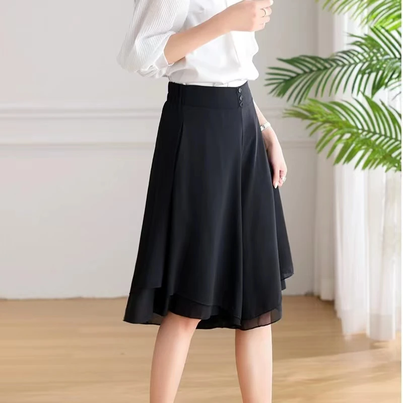 夏季口袋冰感雪纺大码百搭显示高腰款六分休闲阔腿裤