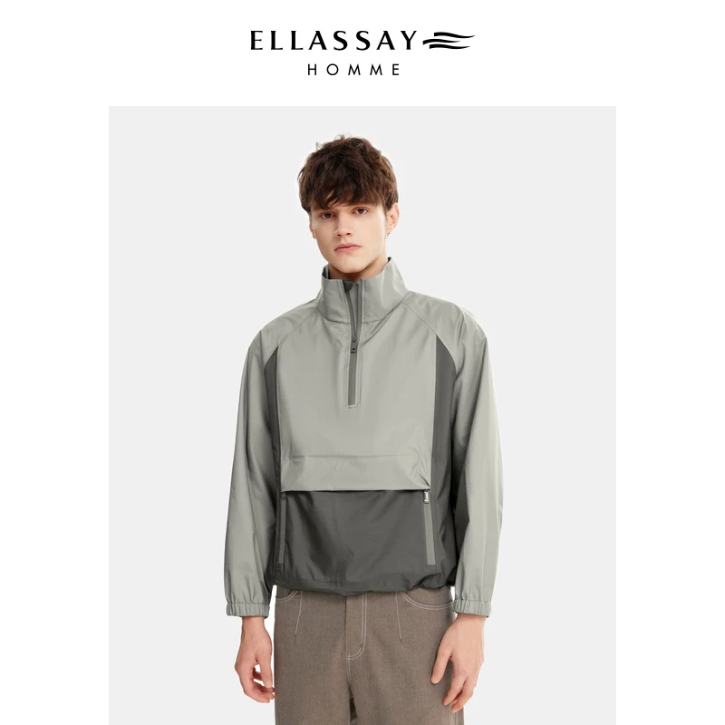 ELLASSAY歌力思男装格纹肌理拼色插肩袖外套短款上衣EME343T04100