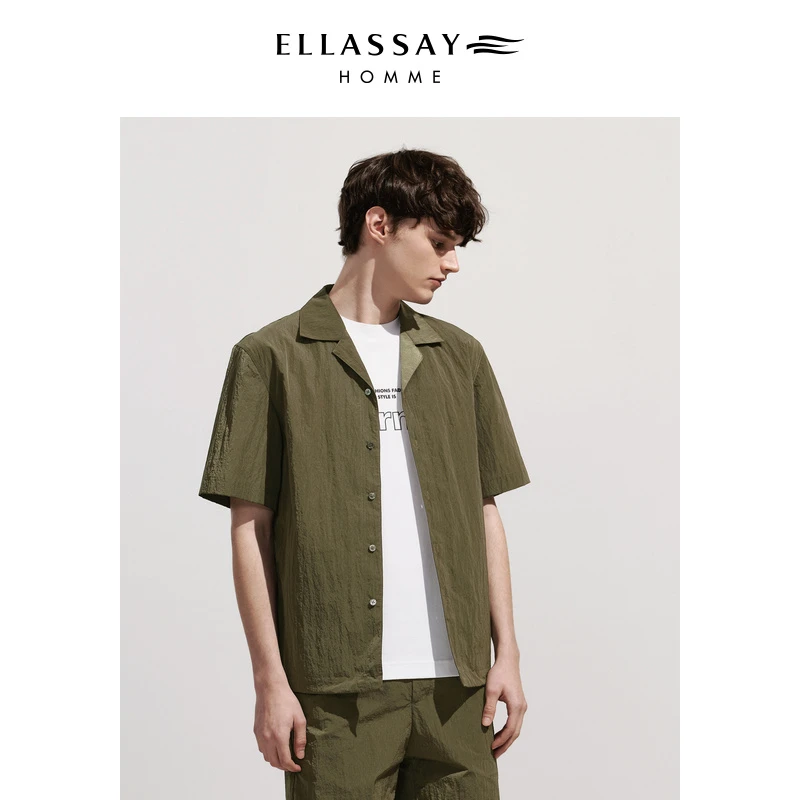 ELLASSAY歌力思男装皱感小格纹古巴领短袖T衬衫外套EME341T01300