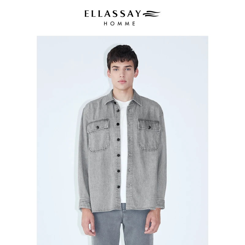 ELLASSAY歌力思男装新款环保染色衬衫式牛仔外套衬衫EME333C02700