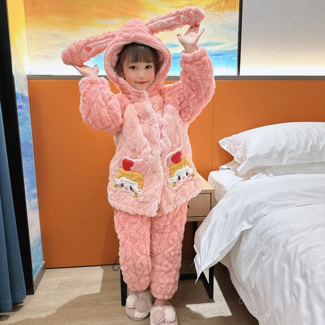 儿童睡衣2024新款冬季女童三层夹棉加绒加厚珊瑚绒公主女孩家居服