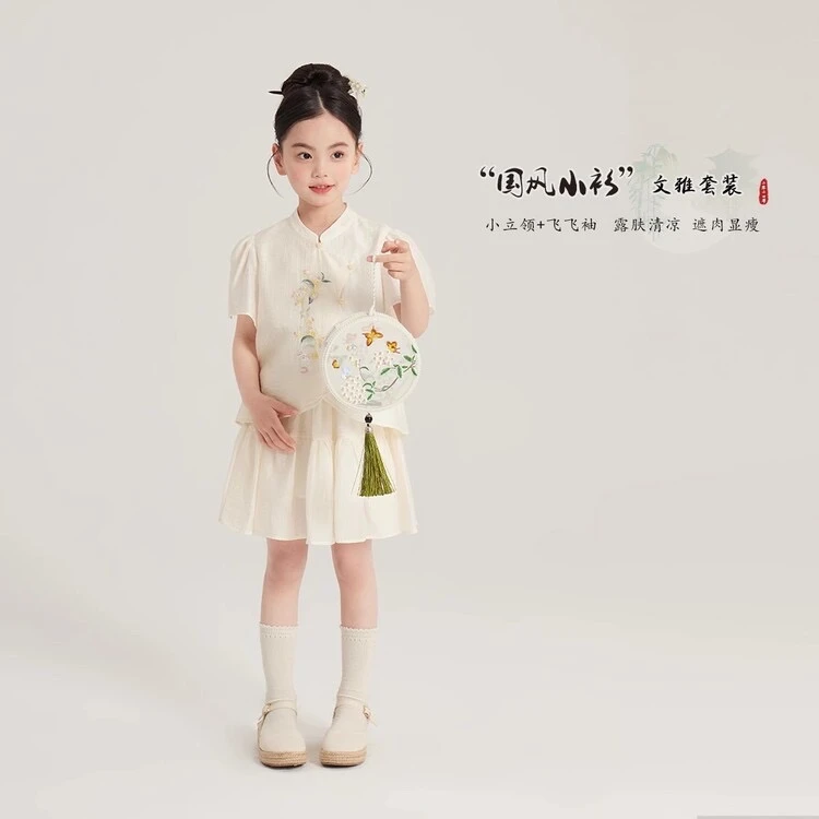 【月清华】女童新中式女孩绣花夏季日常女宝飞飞袖儿童显瘦洋气遮肉