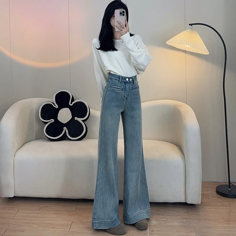 单裤/加绒浅色高腰阔腿微喇牛仔裤女2024年秋季新款宽松显瘦9768