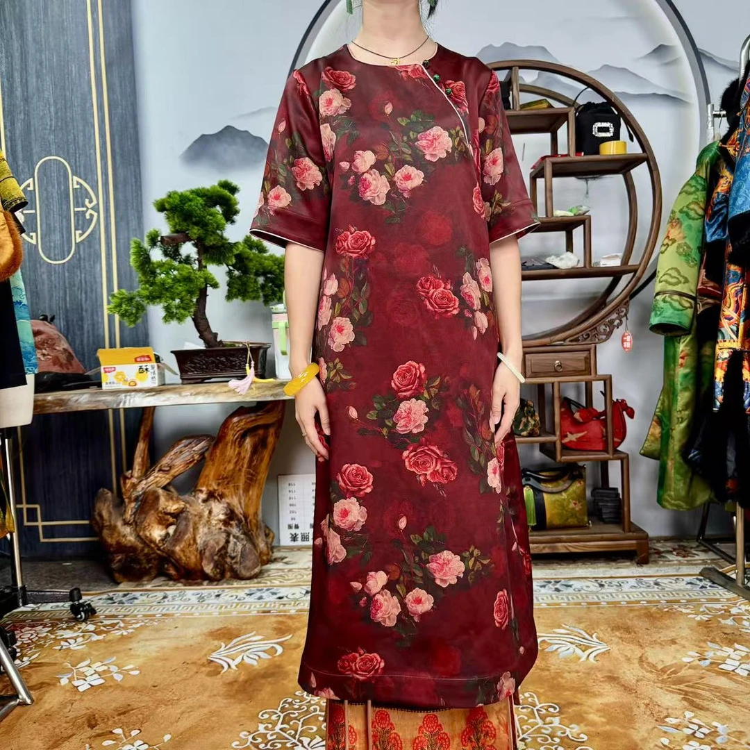 60姆米重锻红底玫瑰花连衣裙100桑蚕丝款