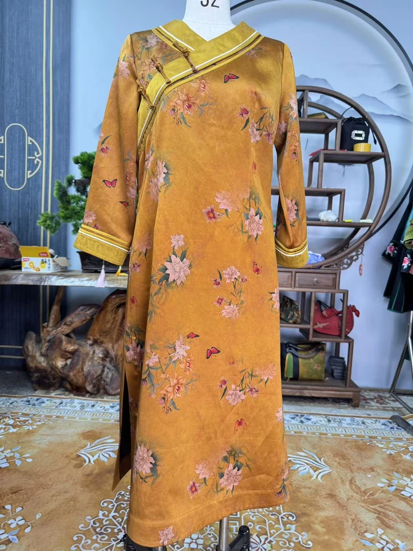 60姆米紫色蝶恋花连衣裙100桑蚕丝款香云纱