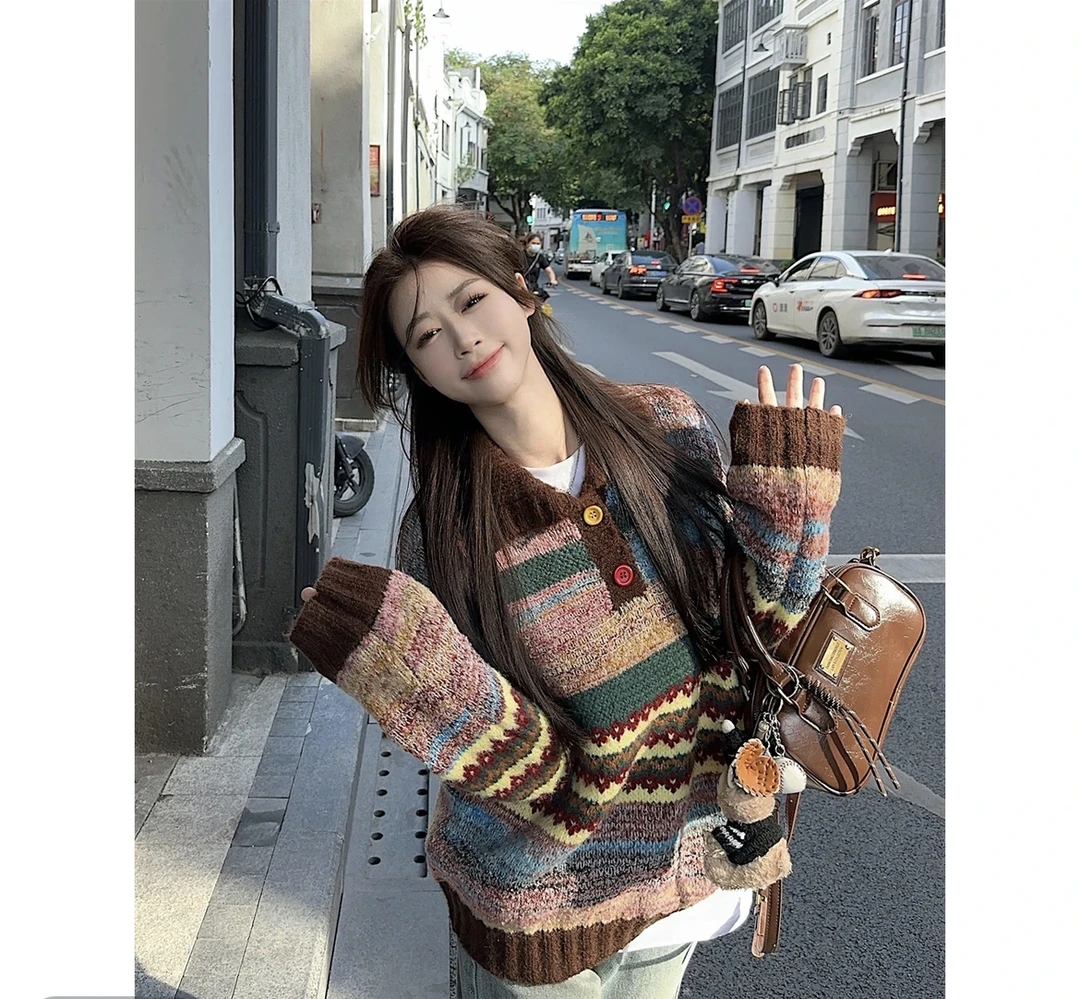 K1199/费尔岛彩色纽扣高领毛针织衫2024新款长袖减龄女上衣套头