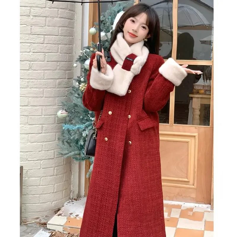 圣诞新年战袍红色冬季新款毛毛领围脖小香风中长款毛呢大衣外套女