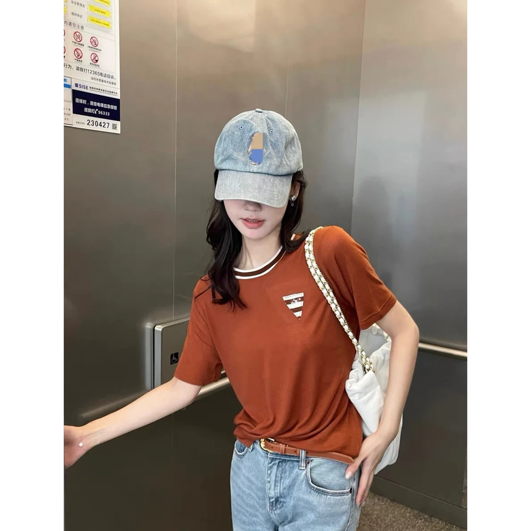 W00558圆领短袖三角标撞色上衣拼接百搭宽松t恤