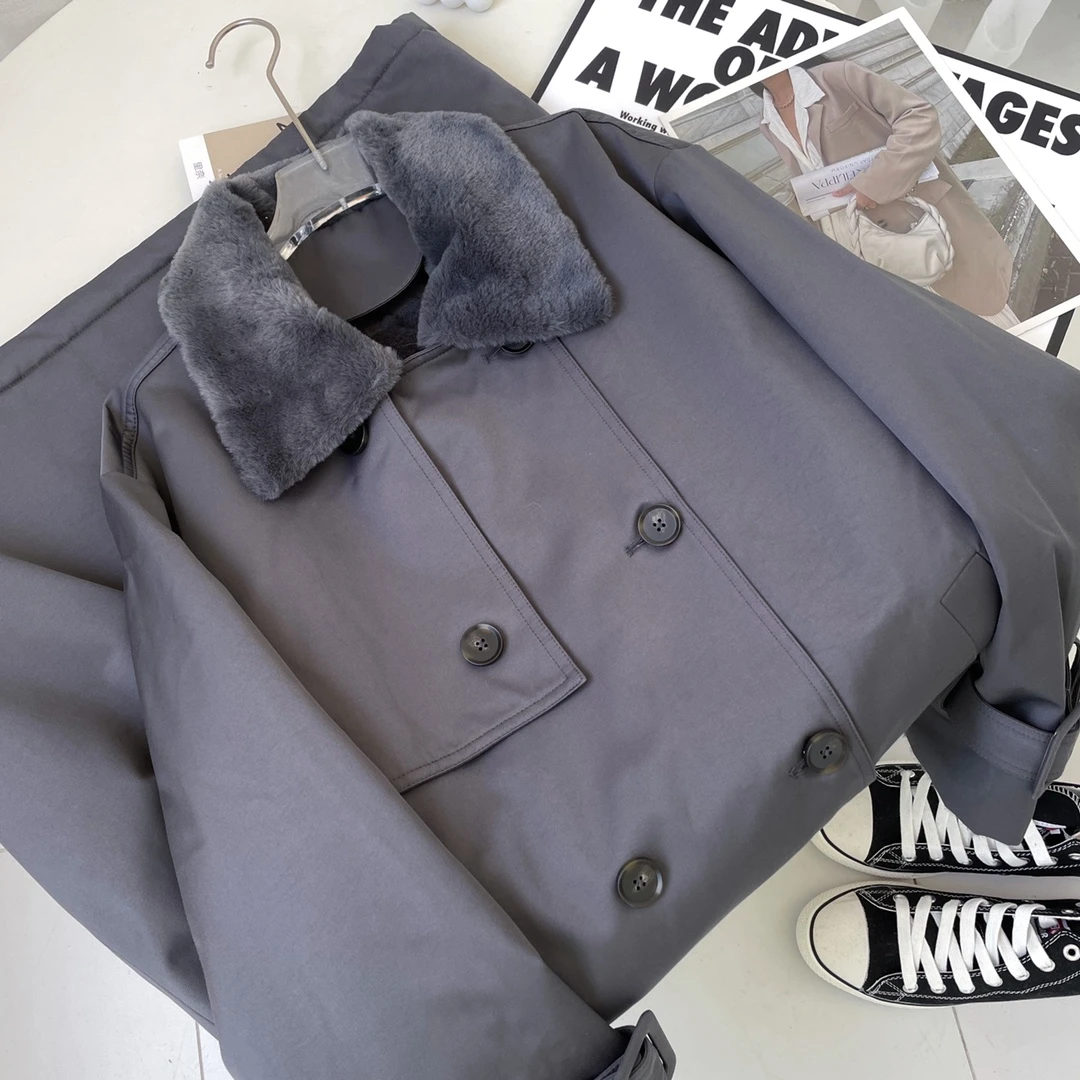 W00138过膝长款派克服加厚毛内胆风衣收腰外套