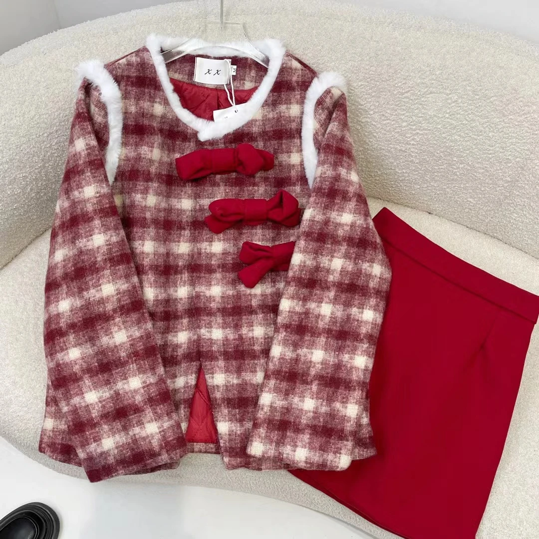 W00646过年红套装女可爱套装加棉套装裙