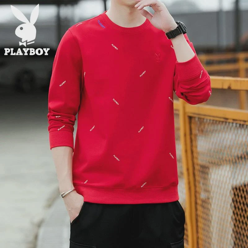 花花公子长袖t恤男士红色本命年卫衣服春秋季新款体恤打底衫男装