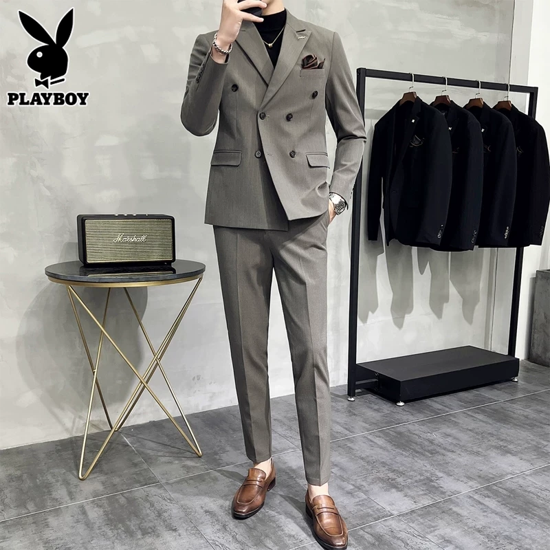 花花公子双排扣西服套装男士秋冬季潮牌高级商务西装结婚礼服一套