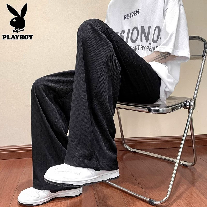 花花公子裤子男士潮流棋盘格阔腿长裤秋冬季宽松直筒垂感休闲裤男