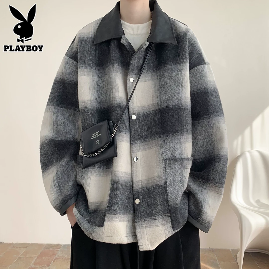 花花公子毛呢夹克男士秋冬季美式复古格子上衣痞帅小香风外套男生
