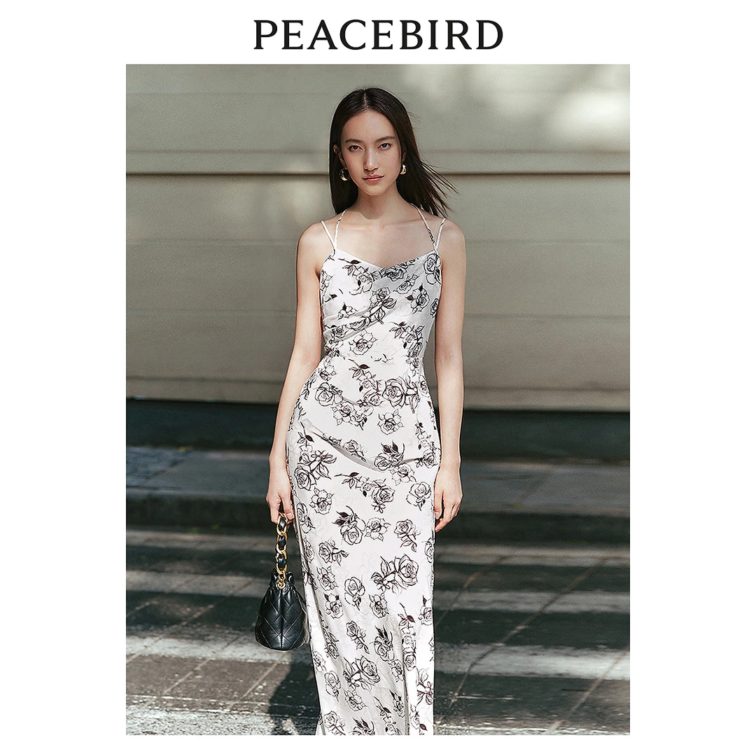 太平鸟吊带印花连衣裙垂感挂脖长裙鱼尾收腰A7FAE1491