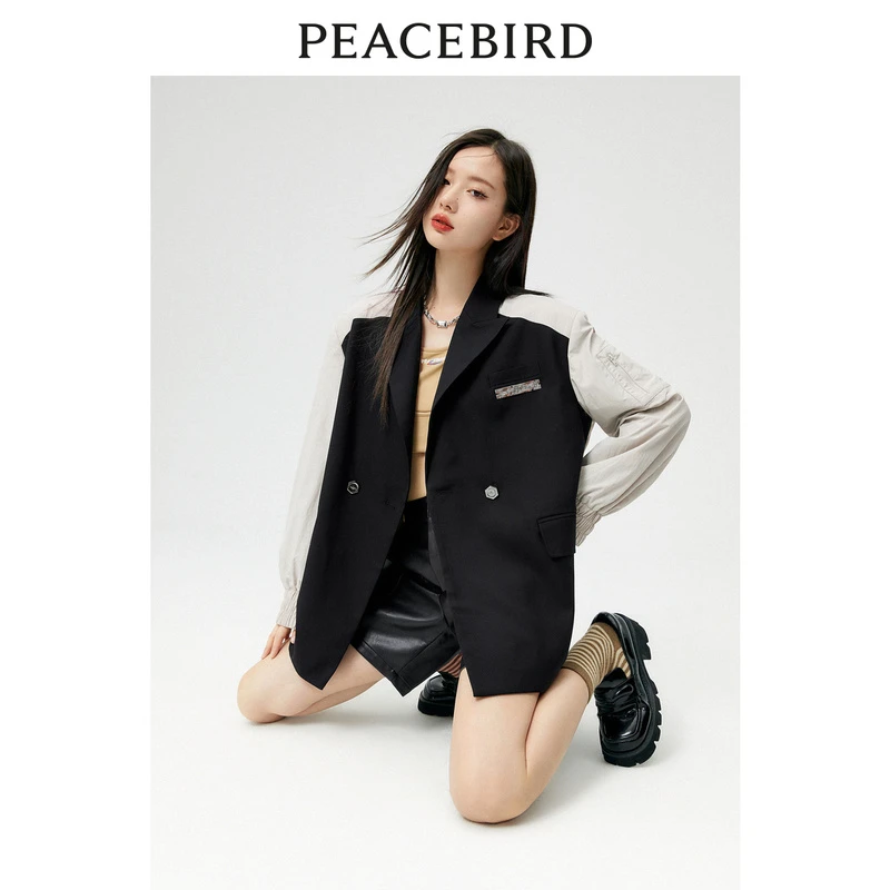 PEACEBIRD/太平鸟撞色拼接时尚通勤宽松休闲西装外套AWBBC3180