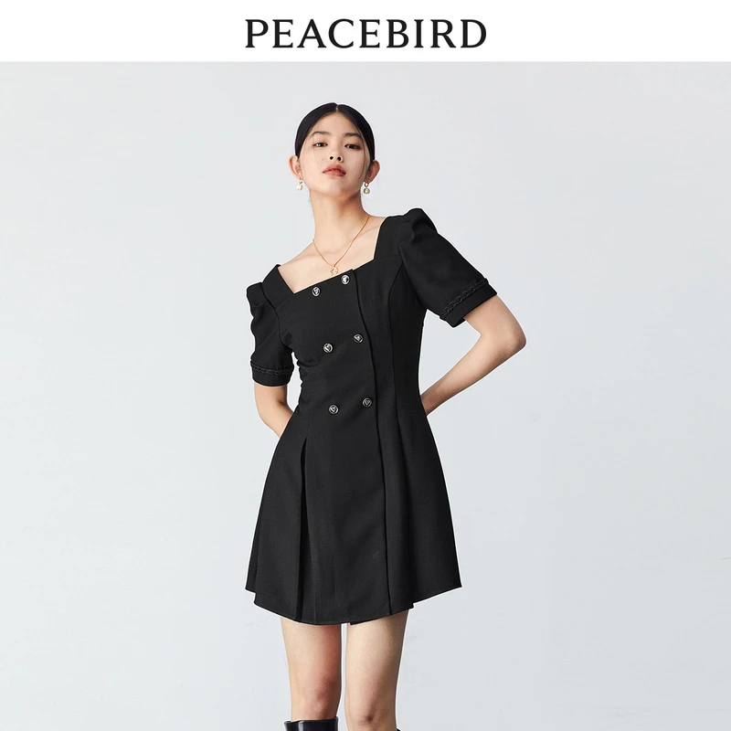 【大福专属】太平鸟法式方领连衣裙黑色气质A8FAD1360