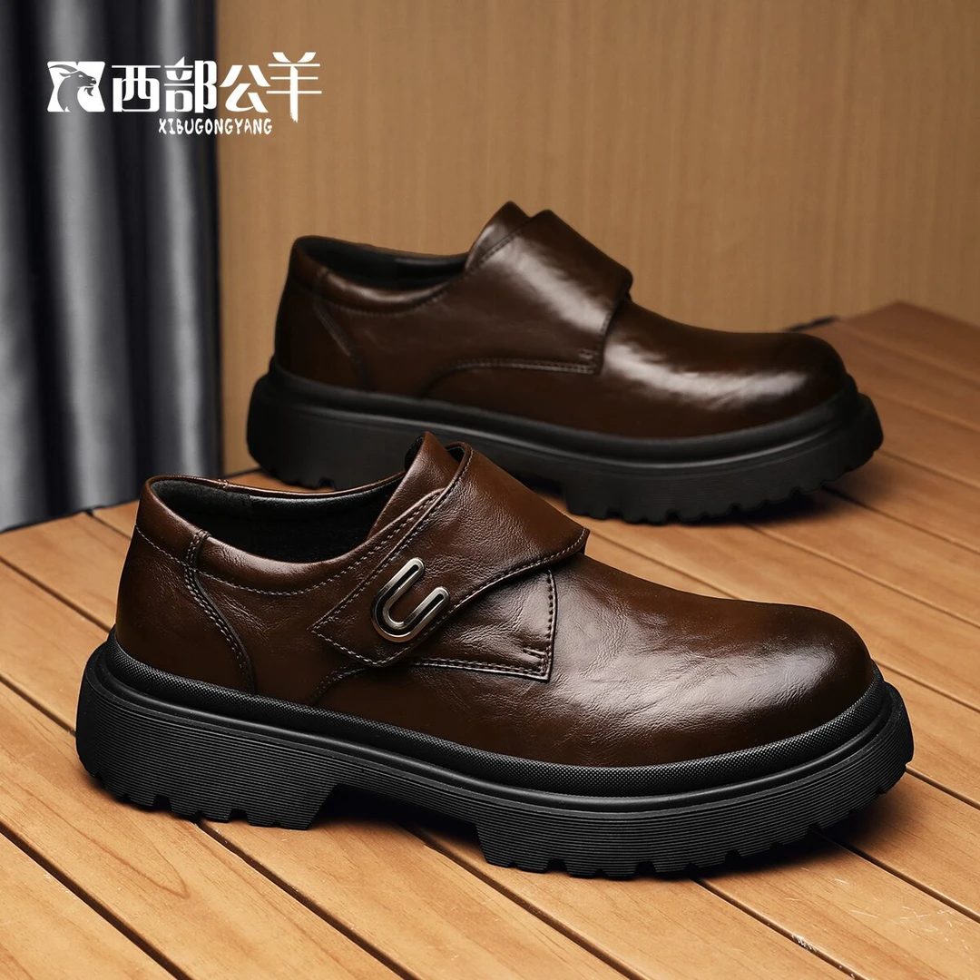 西部公羊2024新款工作厚底增高德比鞋男商务时尚休闲皮鞋黑色百搭