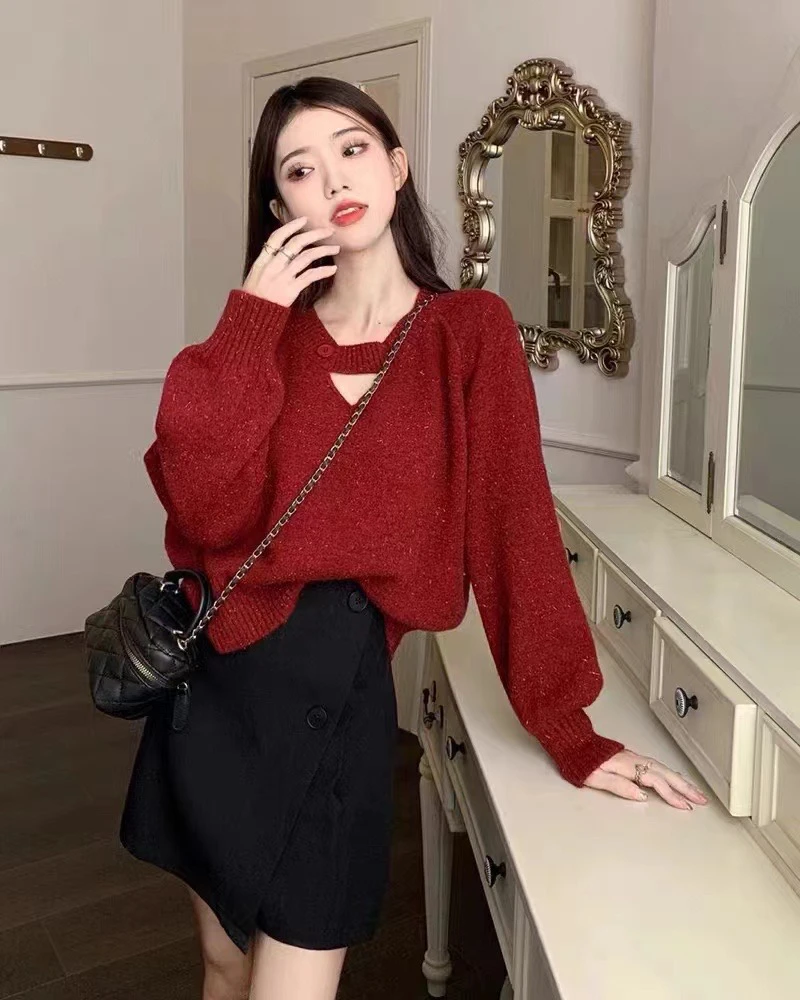 秋冬新款时尚针织毛衣 领部扣子